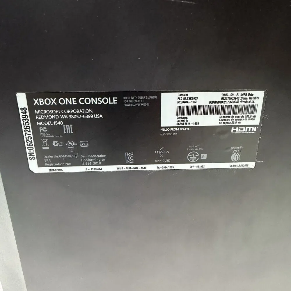 Microsoft Xbox One Original 500GB Black Console Model 1540 w/ Power Supply Cord